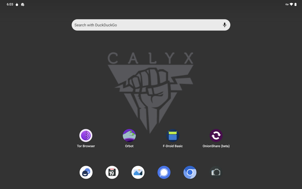 a screenshot from a Google Pixel Tablet with CalyxOS installed showing Tor Browser, Orbot, F-Droid, OnionShare, and Signal