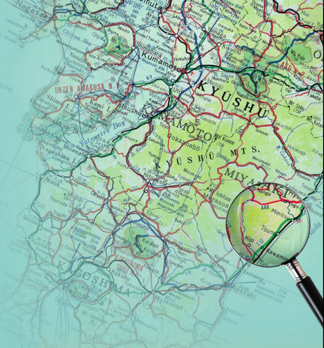 carte du japon avec une loupe sur le village de Tsuno