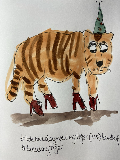 Tiger in high heels with a small pointy hat.