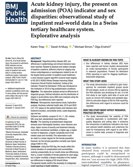 Screenshot of BMJ Public Health acrticle: Acute kidney injury, the present on admission (POA) indicator and sex disparities: observational study of inpatient real-world data in a Swiss tertiary healthcare system. Explorative analysis.