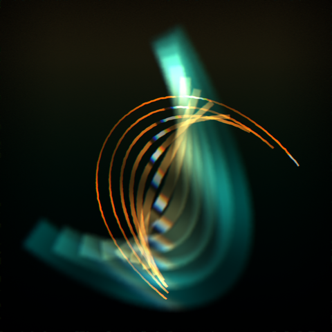 Simple geometrical design with 12 layers, each with one curved quadratic Bézier segment, increasing stroke weight and blur amount, interpolating their colors between orange and blue. The color brightness in each curve undulates over its length to make it less flat. One circle segment is revealed through each curve with color aberration and hash blur applied. A perturb effect makes the curve edges less smooth. The background has a vertical gradient in OKLab color space with hash blur applied to remove banding. The layers are composed with Add blend mode.