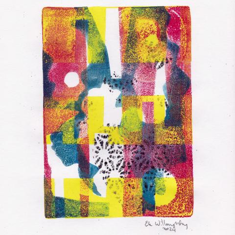Abstract mono print made with 4” x 6” gel plate with cut paper stencil shapes including some lace like Japanese patterned tissue paper. Printed in overlapping layers in cyan, magenta, yellow and black ink.