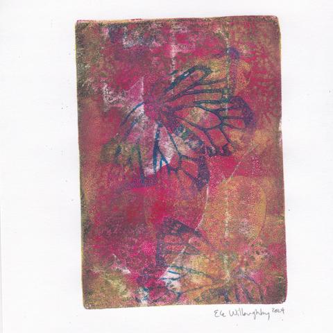 Abstract mono print made with 4” x 6” gel plate with cut paper stencil shapes and monarch butterfly Lino block. Printed in overlapping layers in cyan, magenta, yellow and black ink, primarily magenta.