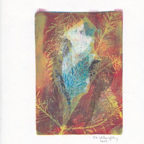 Abstract mono print made with 4” x 6” gel plate. Printed in overlapping layers in cyan, magenta, yellow and black ink, using yew and cedar branches.