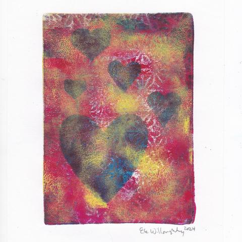 Abstract mono print made with 4” x 6” gel plate with cut paper stencil shapes including some lace like Japanese patterned tissue paper and several hearts. Printed in overlapping layers in cyan, magenta, yellow and black ink.