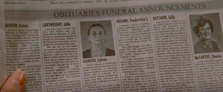 An obituary in a newspaper. It mentions that a woman, Sylvia Ganush, died on February 18.