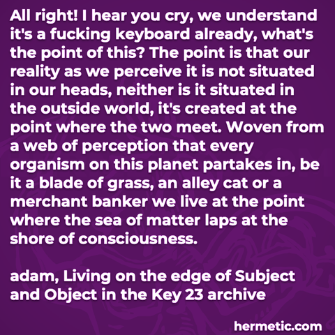 Hermetic quote adam Living on the edge of Subject and Object Key23 reality percieve not situated heads neither outside world created point where two meet woven perception