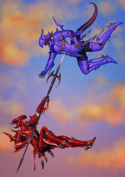 Two characters in dragoon armor, one at the top of the picture reaching down towards the other. The top character is wearing a blue dragoon armor and has visible Au Ra tail and horns. Bottom character (Estinien) has red armor and is pointing a spear at the top character. They are both mid air. The background is a pink/blue evening sky with orange clouds.