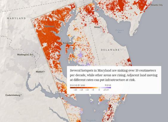 map/chart - Several hotspots in Maryland are sinking over 10 centimeters per decade, while other areas are rising. Adjacent land moving at different rates can put infrastructure at risk.