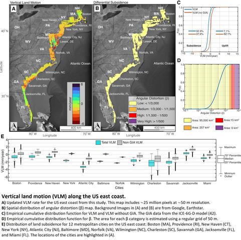 maps & charts - Vertical land motion (VLM) along the US east coast.