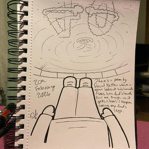 Drawing of Darlo standing next to a lake. It a point of view picture, with Darlo looking down at his legs. Reflected in the water is the number forty, looking at its own hands.