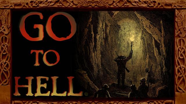 A storybook style man of a man in silhouette of his own carried torch leading a team into a dark cave. Overlaid text: Go to Hell