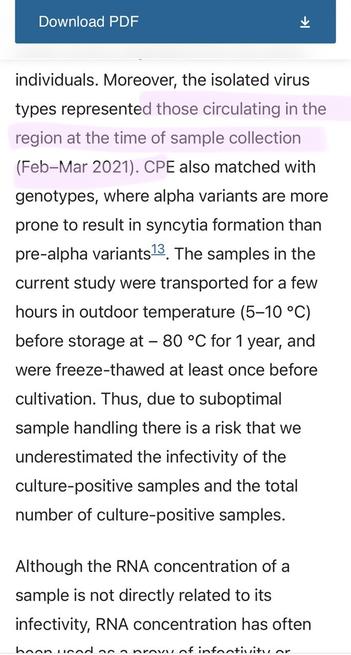 Studies referenced in this article with dates highlighted


Download PDF individuals. Moreover, the isolated virus types represented those circulating in the region at the time of sample collection (Feb-Mar 2021). CP also matched with genotypes, where alpha variants are more prone to result in syncytia formation than pre-alpha variants13. The samples in the current study were transported for a few hours in outdoor temperature (5-10 °C) before storage at - 80 °C for 1 year, and were freeze-thawed at least once before cultivation. Thus, due to suboptimal sample handling there is a risk that we underestimated the infectivity of the culture-positive samples and the total number of culture-positive samples. Although the RNA concentration of a sample is not directly related to its infectivity, RNA concentration has often hann wend on a nrownf infantiate or