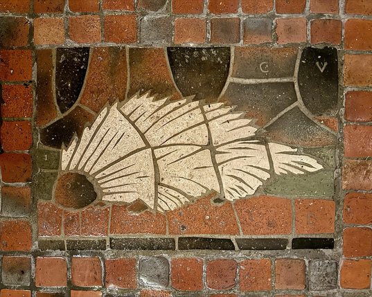 tile floor mosaic depicting a porcupine in relaxed side profile, white body with dark face and paws, rectangular composition…worn from heavy foot traffic, original number “165” and label “PORCVPINE” very faded