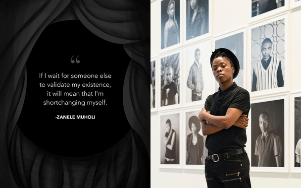 Photo of Zanele aside their quote: ‘if I wait for someone else to validate my existence, it will mean that I’m shortchanging myself.’ They have short dreads inside a black hat and they’re wearing a black button-up shirt, black jeans with various zippers, and a black belt. They’re standing in front of a wall of their photographs, all black and white, in a well-lit white room.