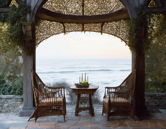 Rustic gazebo with vine-covered trellis and wicker chairs, set for an intimate dinner by the sea during a tranquil evening.
