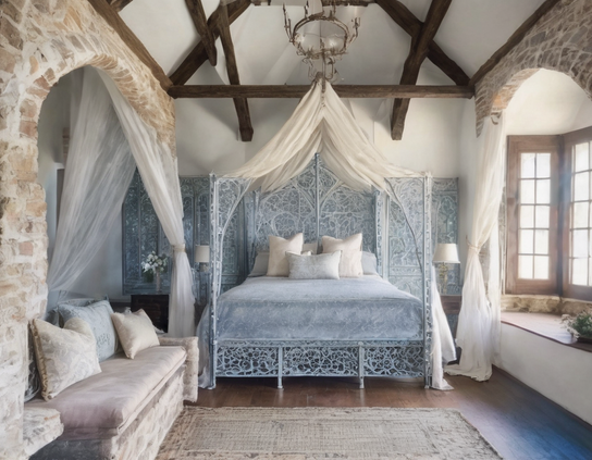 Rustic bedroom with a four-poster bed surrounded by gauze curtains, stone arches, and wooden beams.