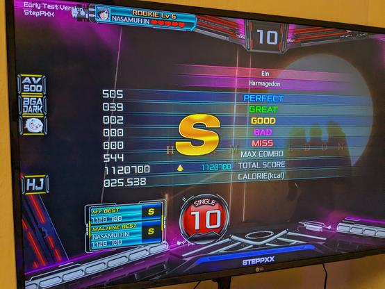 Gold S on Harmageddon S10 (it's from PIU Mobile, the game that only lasted like one year, hooray piracy). You can see the total score delta (how much I improved since last time) is equal to the total score - that is, this is the first time I ever played it, so it's comparing my score to 0.