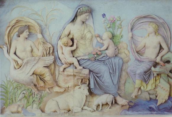Tellus panel showing a central goddess holding two infants (Romulus and Remus?). She is flanked by two lesser goddesses who evoke the winds. They are surrounded by animals and foliage.