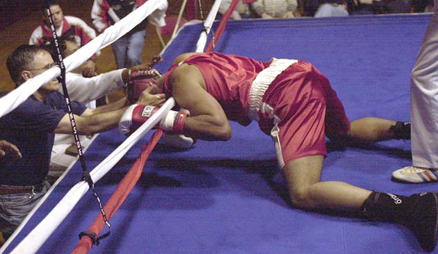 Knockout
In Teilen der Welt sorgt das für Anstürme auf sonst erschreckend unwirtliche ORTE

Teilweise auch mit Kampfhähnen
wieder u.a. Einwanderer Szene USA


Gemeinfrei
Boxer liegt K.O. am Boden