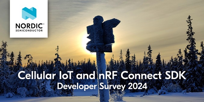 A signpost in snowy Bymarka in Trondheim. The caption reads:
Cellular IoT and nRF Connect SDK Developer Survey