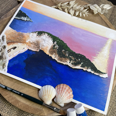 Acrylic gouache illustration of Navagio Beach and rock formation at sunset on 24x32. The calm sea is painted in purple, pink and blue tones. In the left niche is Navagio Beach with its famous shipwreck.