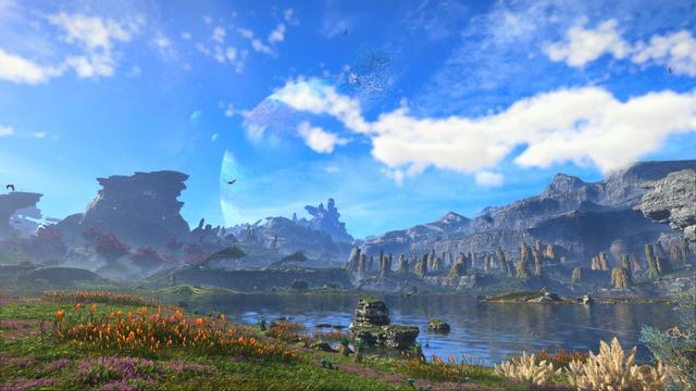 Screenshot of a landscape of the game. In the horizon, it is possible to see another planet in a distance. The fields are vast and mostly green, with purple and orange flowers scattered around. A pond is in the middle. In the sky, it is possible to see small figures of winged creatures