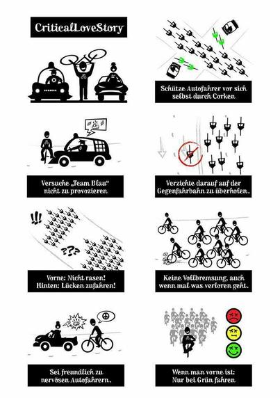 Illustration der CM-Regeln:
- nicht provozieren
- freundlich sein
- keine Lücken lassen
- Corken
- Gegenfahrbahn nicht benutzen
- keine Vollbremsungen
- Ampeln: Die Spitze des Verbands muss grün haben.