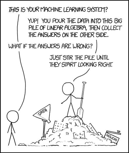 Person A watching prrson B standing on a pile of math.
They talk