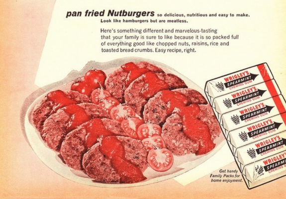 Tray of nut burgers and packs of gum