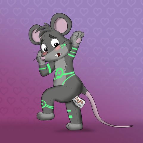 Simon transformed into a living plushie with visible stitching, with a tag reading "Soft Friends" attached to his butt. He looks surprised and confused with a blush in his cheeks.