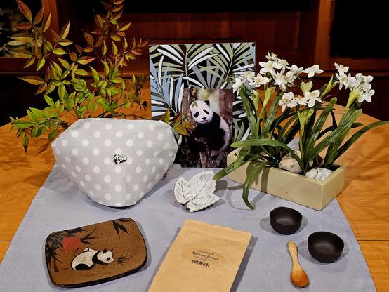 A tea tableau with a panda bear and bamboo theme. The tea is Keemun Panda black tea from English Tea Store.