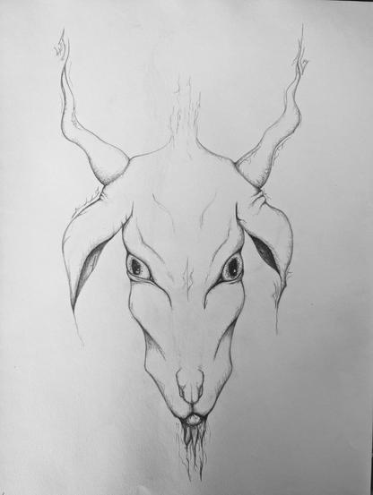 An elongated goat head, with dramatic, intense eyes and horns that terminate in freehand and freeflowing sigils. The shading in this image is made up of sigils and clever bits of strange abstract linework.