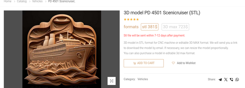 Screenshot of a 3D model listing in STL format for CNC machine. The title stated that is a PD 4501 Scencruiser but. The image looks like a wood carving of a cruise.