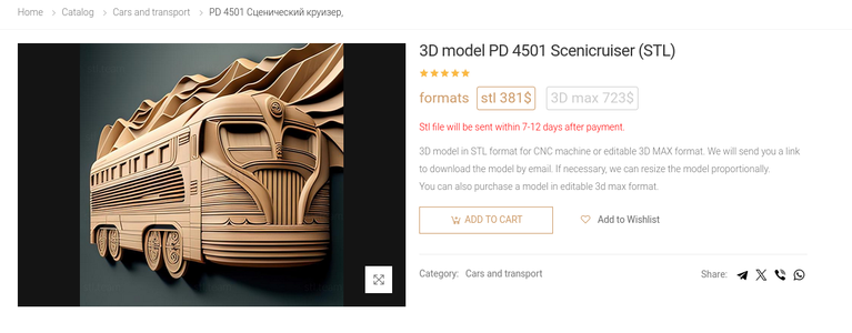 Screenshot of a 3D model listing in STL format for CNC machine. The title stated that is a PD 4501 Scenicruiser but. The image looks like a wood carving of a bus that looks nothing like the Scenicruiser.