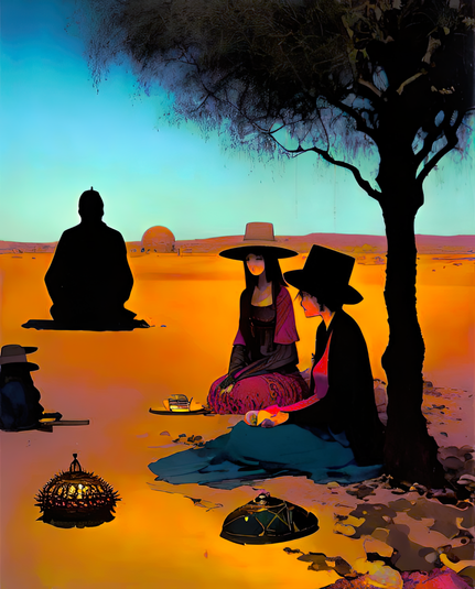 a storybook-style illustration of a handful of seated humanoid individuals on the edge of a sandy desert, two of which are seated under a modest  tree with a couple covered dishes and a plate of refreshments