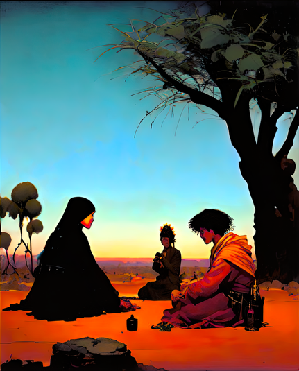 a storybook-style illustration of a trio of seated humanoid individuals under a tree at the edge of a desert in fading sunlight