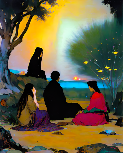 a storybook-style illustration of a number of humanoid individuals seated on a plot of sandy soil surrounded by trees and a small hillock at sunset with a small portion of sky representing a time of less dust in the air. It's probably a metaphor.