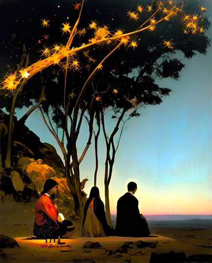 a storybook-style illustration of a trio of humanoid individuals seated on flat ground underneath slender trees on a hillside at sunset with the last light illuminating a few stars among the branches above
