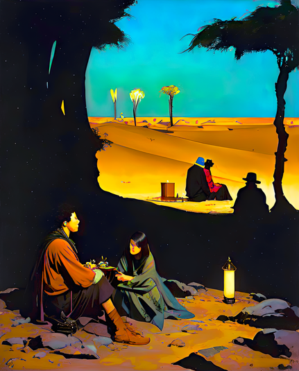 a storybook-style illustration of a number of individuals seated among trees at the edge of a desert at sunset, some with a few accoutrements of a picnic