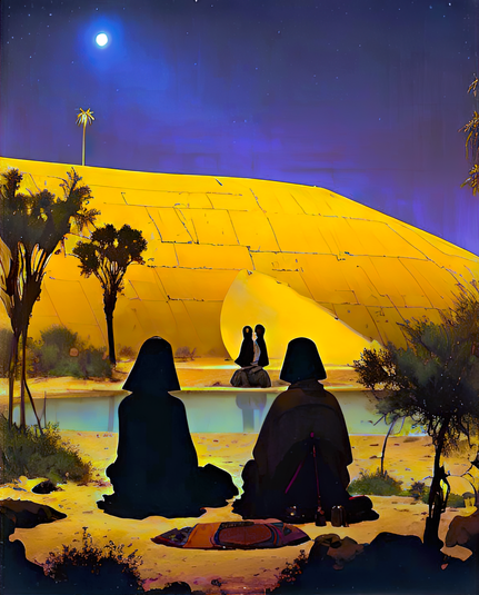 a storybook illustration of a small number of humanoid individuals seated on sandy soil with sparse vegetation at the edge of a pond near a fortified defensive wall under the light of a perfectly normal-sized moon for a change