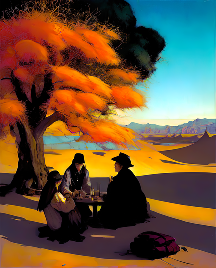 a storybook illustration of a trio of humanoid individuals seated around a small table by a tree at the edge of a desert at sunset with a small pond in the background