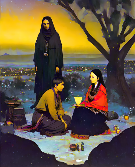 a storybook-style illustration of a pair of seated humanoid individuals under a tree on a hillside overlooking a large settlement at night under the watchful eye of a standing chaperone