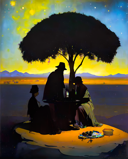 a storybook-style illustration of a trio of humanoid individuals largely in shadow under a modest tree at the edge of a mountain-ringed desert just past sunset