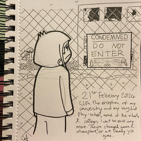 Drawing of Darlo standing outside of a condemned school building. The windows are smashed, and a building has already collapsed. The number 40 is in the rubble wearing a hard hat and wielding a sledgehammer. Darlo looks on with a sad expression.