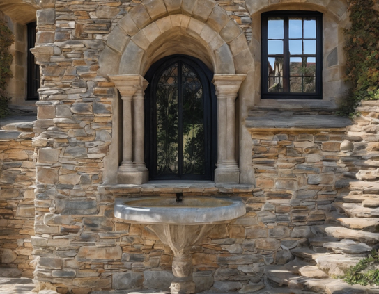 A building of irregularly sized mortared stonework, focused on an arched window with columns and a wide sill, with a birdbath in front.