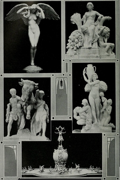 Five examples of the many sculptures that used Audrey Muson as the model. The sculpture are in the neoclassical style, embellished animal fugures, flowers, or pottery. In most of these, she is nude or partially clad.