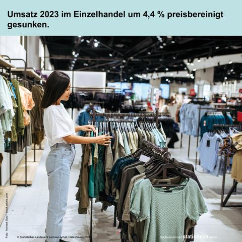 Foto: Frau in einem Bekleidungsgeschäft als Symbolbild für Einzelhandel.
Text: Umsatz 2023 im Einzelhandel um 4,4 % preisbereinigt gesunken.