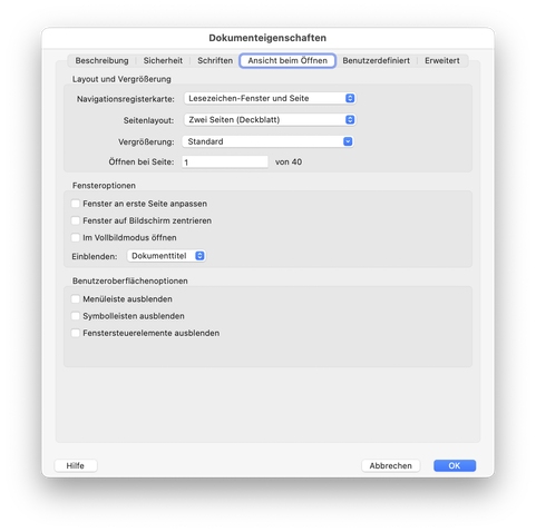 Screenshot aus Acrobat mit dem Fenster, bei dem man angeblich einstellen kann, wie ein Dokument geöffnet wird.