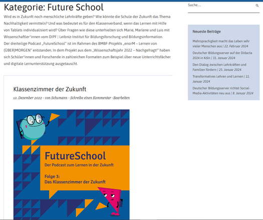 Ausschnitt der oben verlinkte Seite des bildungsserverBlogs mit den drei Podcast-Folgen zu FutureSchool